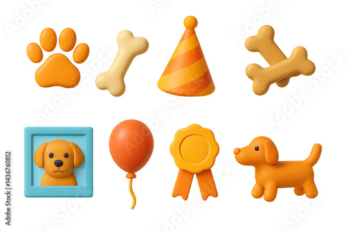 Obraz na płótnie Pet party 3d icons set - fun animal celebration and festive pet elements for events: paw print, bone, party hat, dog frame, balloon, rosette, puppy w salonie