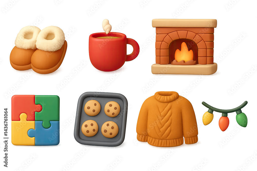 Cozy winter 3d icon set – warmth and comfort design elements for seasonal projects: slippers, hot drink, fireplace, puzzle, cookies, sweater, lights.