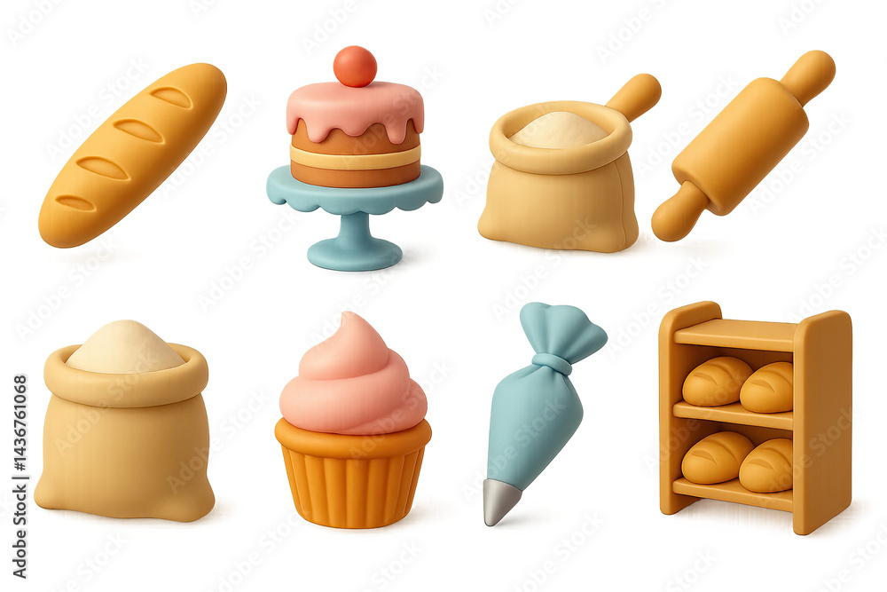 3d bakery icon set – whimsical and sweet kitchen, baking, and pastry symbols for culinary creations: bread, cake, flour bag, rolling pin, cupcake, piping bag, pastry rack.