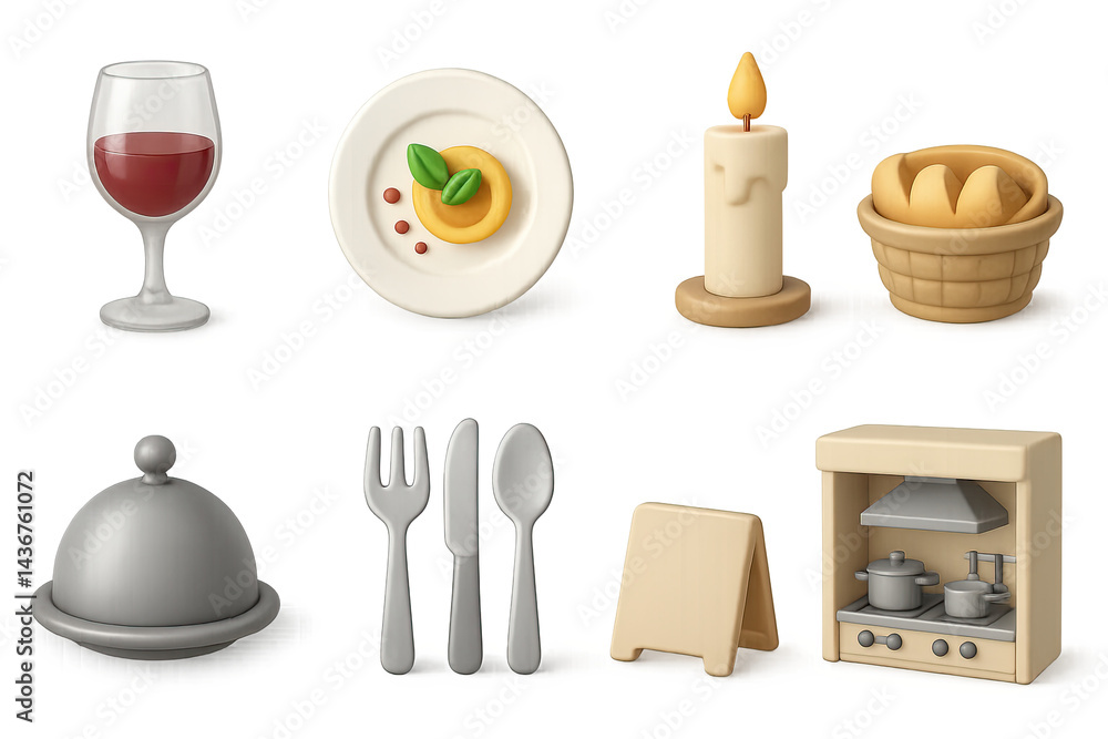 Gourmet dining 3d icon set – realistic food and restaurant symbols for culinary branding: wine glass, appetizer, candle, bread basket, cloche, utensils, menu stand, stove.