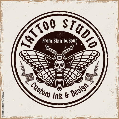 Tattoo studio emblem with moth and tattoo machine. Classic vintage style vector illustration in gothic and old school style. Perfect for tattoo designs, prints, and artistic compositions