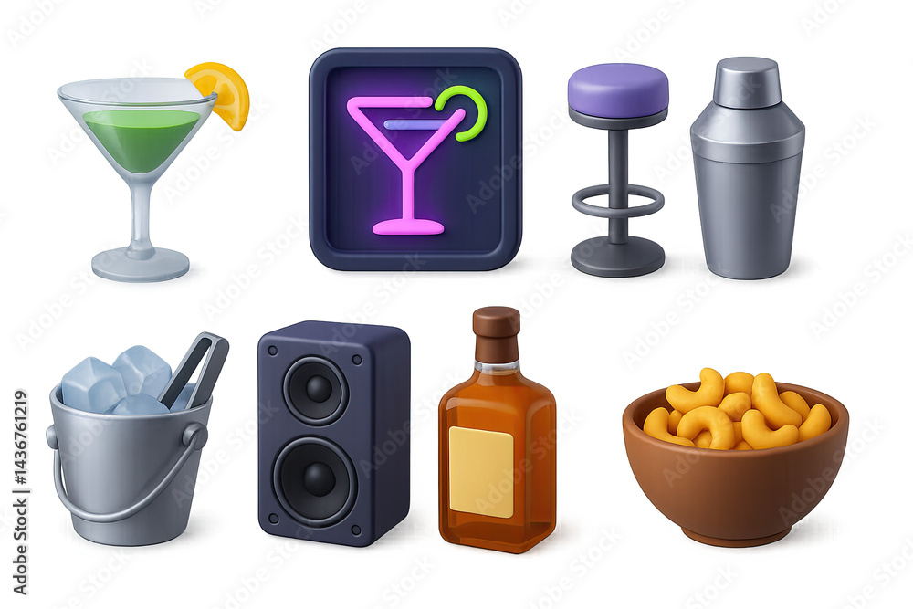 Bar and nightlife 3d icons set – interactive cocktail party, drinks, and lounge symbols for event planning: martini, barstool, shaker, ice bucket, speaker, whiskey, snacks.