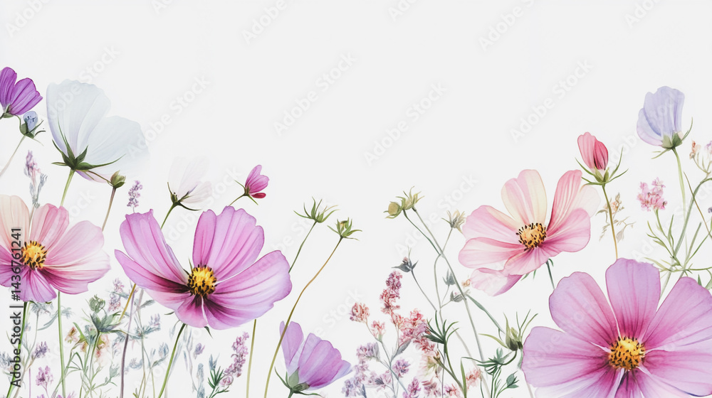 watercolor botanical Cosmos flowers texture template background.Elegant wedding invitation card background . Minimal hand painted Design for wedding or Valentine's Day watercolor botanical Cosmos flowers texture template background.Elegant wedding invitation card background . Minimal hand painted Design for wedding or Valentine's Day