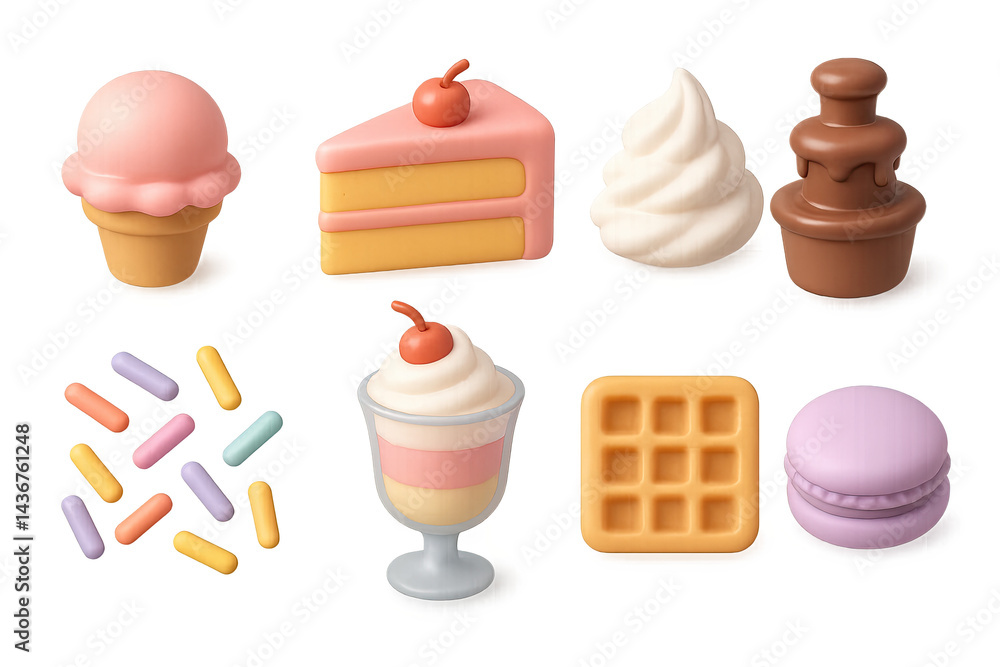 Delicious dessert icons set - 3d style for bakery, sweets, and confectionery branding: ice cream, cake slice, whipped cream, chocolate fountain, sprinkles, dessert glass, waffle, macaron.