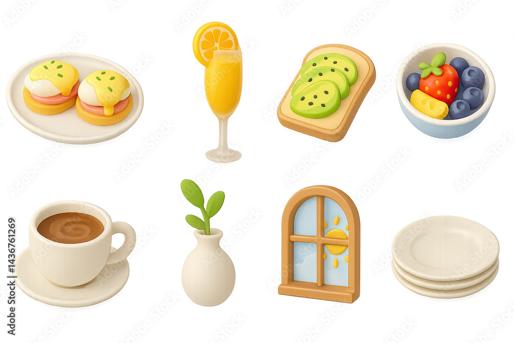 Breakfast and brunch 3d icons set – isometric style food and morning essentials for meal planning: eggs benedict, mimosa, avocado toast, fruit bowl, coffee, vase, window, plates.