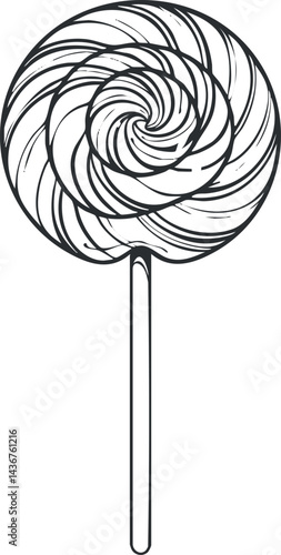 Black and white line drawing of a round swirled lollipop on a stick candy treat illustration