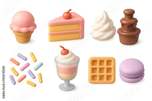 Obraz na płótnie Delicious dessert icons set - 3d style for bakery, sweets, and confectionery branding: ice cream, cake slice, whipped cream, chocolate fountain, sprinkles, dessert glass, waffle, macaron. w salonie