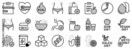 Icons in two tones about diet, healthy food.