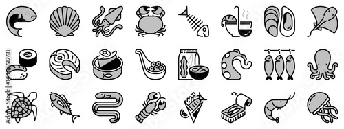 Icons in two tones about fish and seafood.