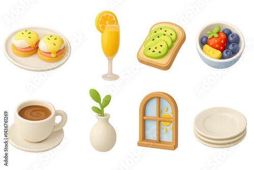 Obraz na płótnie Breakfast and brunch 3d icons set – isometric style food and morning essentials for meal planning: eggs benedict, mimosa, avocado toast, fruit bowl, coffee, vase, window, plates. w salonie