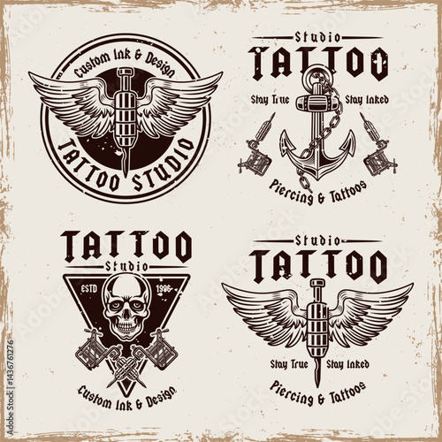 Vintage tattoo studio emblem set with classic elements like tattoo machines, anchors, skulls, and needles. Monochrome vector illustrations for labels, badges, prints, and branding