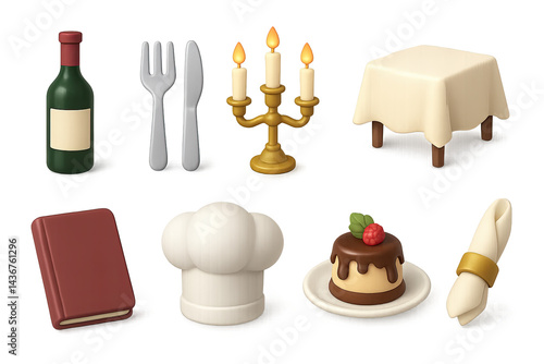 Gourmet dining icon set – 3d style culinary, restaurant, and dining symbols for gastronomy: wine bottle, cutlery, candelabra, table, cookbook, chef hat, dessert, napkin.