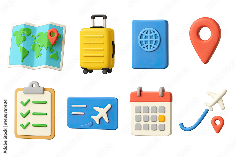 3d travel and adventure icons set – isometric style for vacation planning and exploration: map, suitcase, passport, location pin, checklist, boarding pass, calendar, airplane