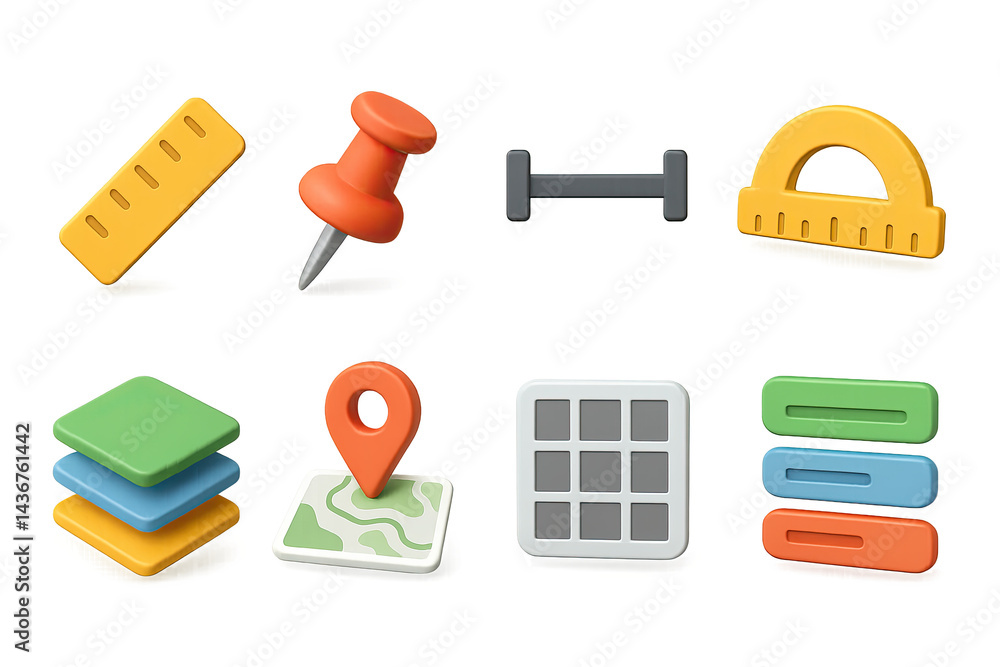 Education and school 3d icons set – vibrant learning tools, classroom essentials, and study aids for educational projects: ruler, pushpin, dumbbell, protractor, layers, map, calendar, sections.