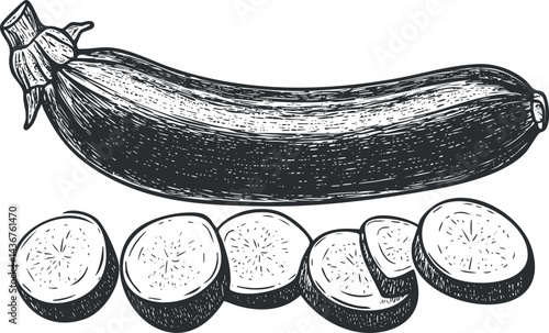 Hand drawn illustration of a whole zucchini and sliced pieces showing vegetable details.