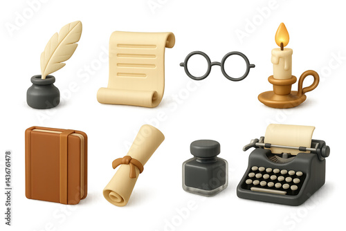 Vintage writing tools icon set – 3d style literature, creativity, and writing symbols: quill, scroll, glasses, candle, book, diploma, ink bottle, typewriter.