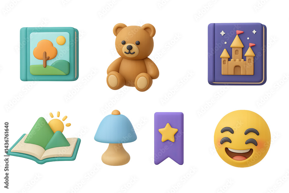 Children's book and toy 3d icons set – isometric style publishing, playtime, and imagination symbols: picture book, teddy bear, castle, nature, bookmark, lamp, smiley face.