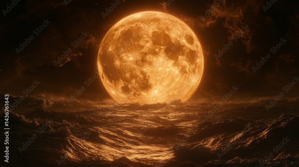 Fototapeta premium The illustration, Mystic Tide, depicts a large orange moon hanging over dark ocean waves