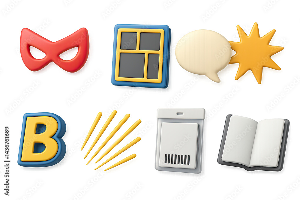 Superhero adventure icons – 3d style heroic symbols for comics and entertainment: mask, window, speech bubble, starburst, letter b, sound lines, device, book.