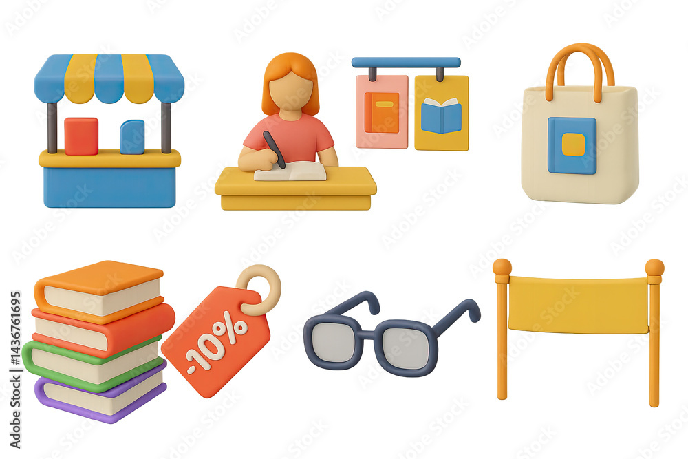 Back to school 3d icon set – educational, learning, and academic symbols for classroom success: student, teacher, book, glasses, school bag, sale tag, store.