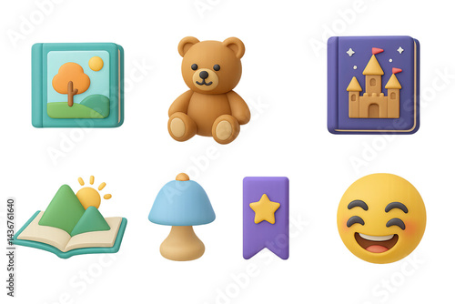 Obraz na płótnie Children's book and toy 3d icons set – isometric style publishing, playtime, and imagination symbols: picture book, teddy bear, castle, nature, bookmark, lamp, smiley face. w salonie
