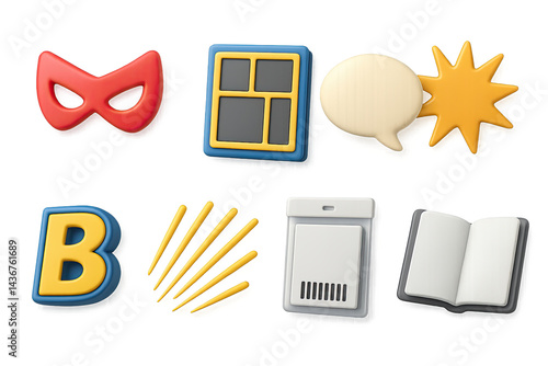 Obraz na płótnie Superhero adventure icons – 3d style heroic symbols for comics and entertainment: mask, window, speech bubble, starburst, letter b, sound lines, device, book. w salonie