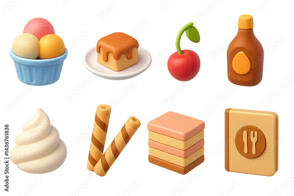 Delicious dessert 3d icons set – sweet treat illustrations for culinary creativity: ice cream, cheesecake, cherry, syrup bottle, whipped cream, wafer sticks, layer cake, recipe book.