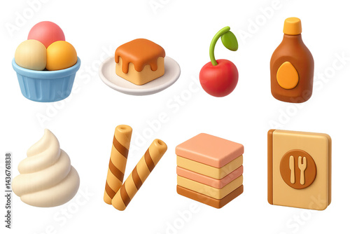 Obraz na płótnie Delicious dessert 3d icons set – sweet treat illustrations for culinary creativity: ice cream, cheesecake, cherry, syrup bottle, whipped cream, wafer sticks, layer cake, recipe book. w salonie