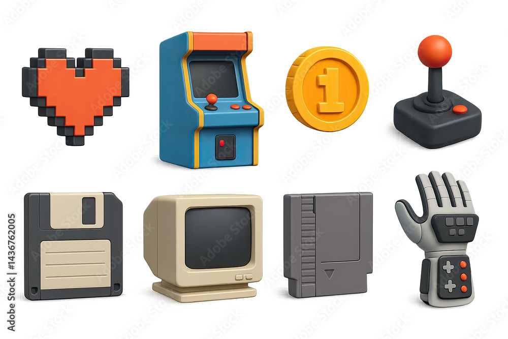Retro gaming icon set – 3d style vintage video game symbols for nostalgic design: arcade machine, coin, joystick, floppy disk, monitor, game cartridge, pixel heart, glove.