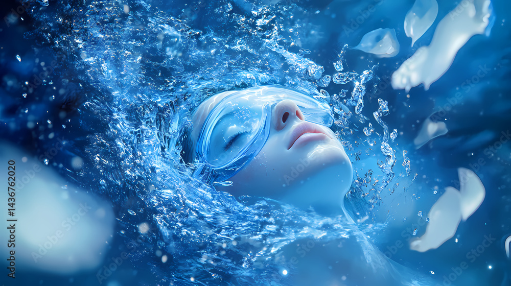 Fototapeta premium A surreal and conceptual scene where a sleep mask character is diving into a tranquil underwater-like. Subconscious Drift. Illustration