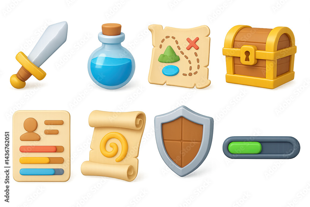 Adventure rpg icons set - 3d fantasy quest and gaming symbols for immersive experience: sword, potion, treasure map, chest, scroll, shield, progress bar