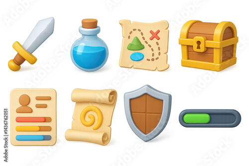 Obraz na płótnie Adventure rpg icons set - 3d fantasy quest and gaming symbols for immersive experience: sword, potion, treasure map, chest, scroll, shield, progress bar w salonie