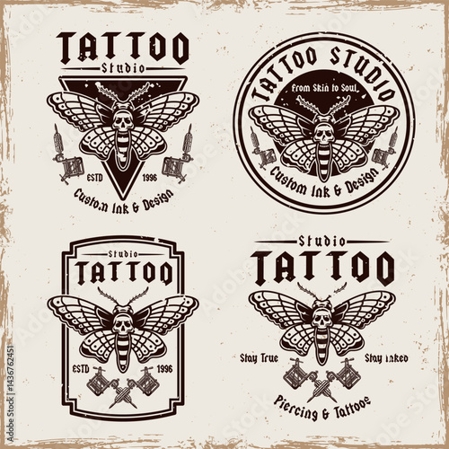 Tattoo studio set of emblems with moth and tattoo machine. Vintage style vector illustration in gothic and old school style. Perfect for tattoo designs, prints, and artistic compositions