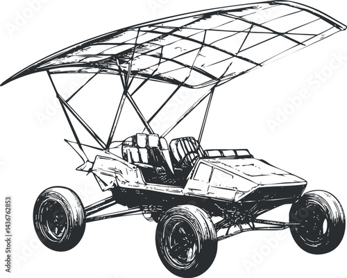 Hand drawn sketch of a dune buggy offroad vehicle with seats and roll cage for outdoor adventure and racing.