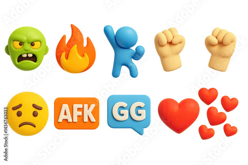 Gaming emoticons icon set - 3d style for chat and streaming: angry face, fire, victory pose, fist pump, sad face, afk sign, gg speech bubble, heart
