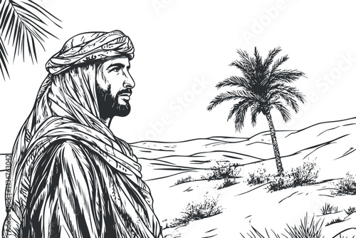 Black and white illustration of a man in traditional Middle Eastern clothing standing in a desert landscape with a palm tree.