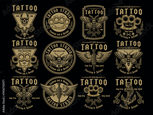 Tattoo studio set of emblems with elements like tattoo machines, anchors, skulls, needles, moth or brass knuckles. Vector illustrations for labels, badges, prints, and branding