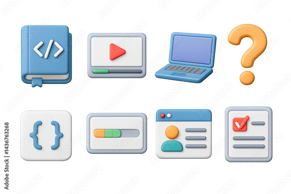 Web development 3d icon set – isometric digital design and coding tools for ui/ux projects: codebook, video player, laptop, query symbol, coding brackets, progress bar