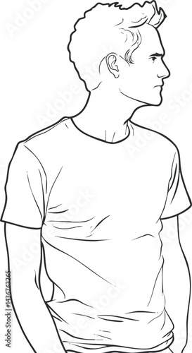Black and white line art illustration of a young man in a casual tshirt in profile view looking sideways.