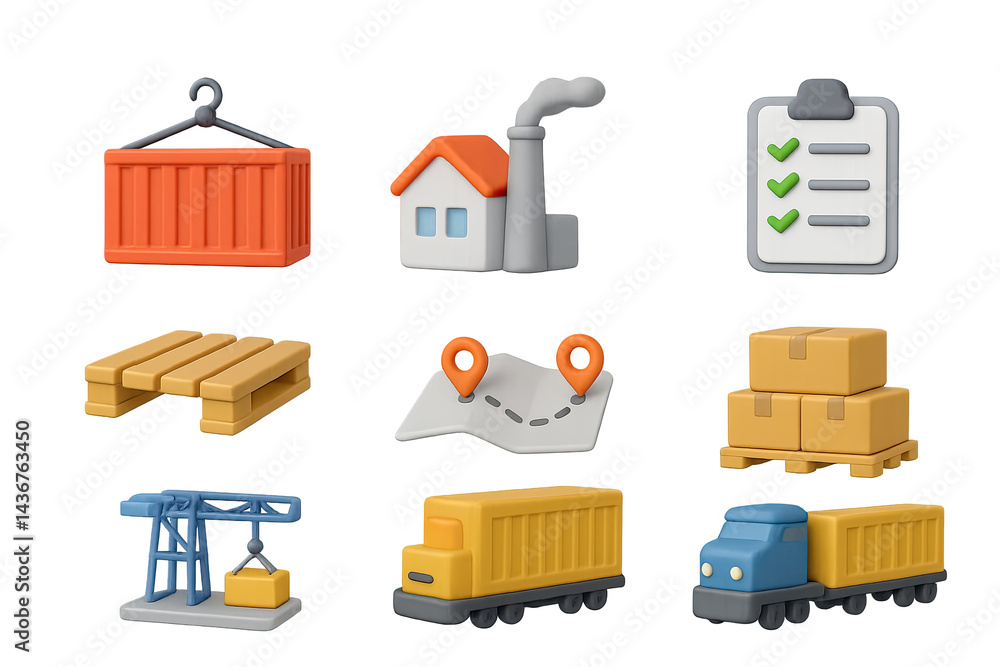 Industry and logistics 3d icons set – solid style manufacturing, distribution, and supply chain graphics: factory, cargo ship, box, crane, truck, map pin, pallet