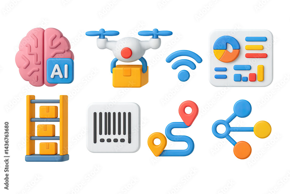 Ai and technology 3d icons set – isometric style for innovation, data, and connectivity: brain, drone, wi-fi, analytics, barcode, path, network sharing