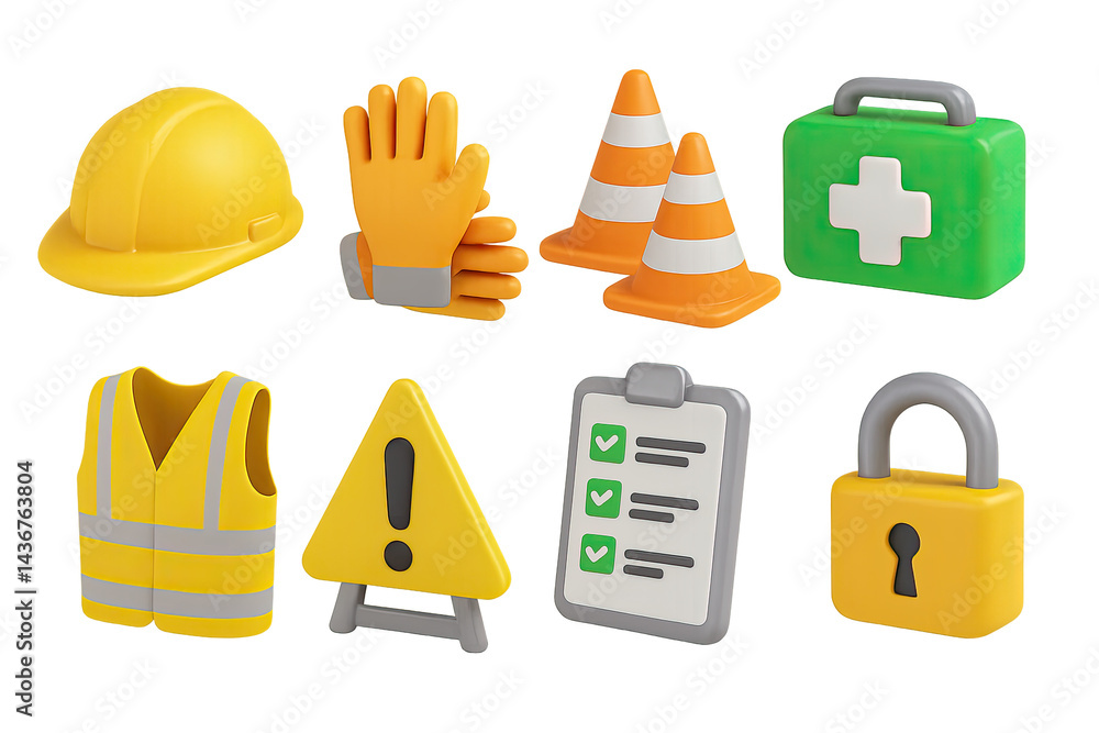 Construction safety 3d icons – industrial, workplace protection, and hazard symbols for site management: hard hat, safety gloves, traffic cone, first aid kit, vest, caution sign, checklist, lock.
