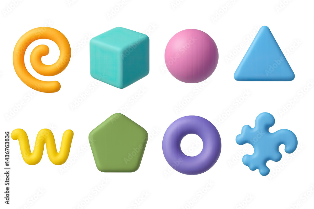 Abstract neon icon set – glowing 3d art for creative projects: swirl, cube, sphere, triangle, wave, pentagon, ring, puzzle