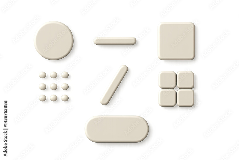 Elegant 3d interface icons set – minimal design for ui/ux and app development: circle, line, square, grid, dot, rectangle, buttons, slider.