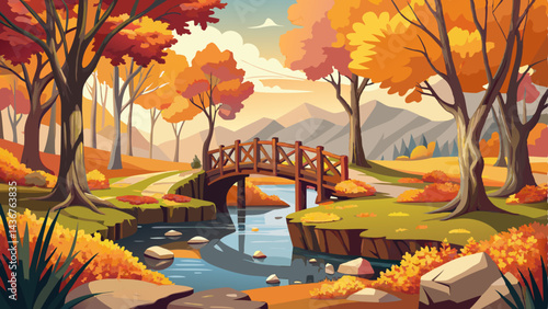 A serene autumnal landscape featuring a tranquil river bordered by fallen leaves and a rustic bridge amidst a backdrop of towering trees with vibrant fall foliage