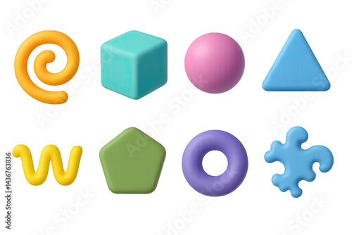 Obraz na płótnie Abstract neon icon set – glowing 3d art for creative projects: swirl, cube, sphere, triangle, wave, pentagon, ring, puzzle w salonie