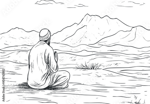 A man sitting on the ground praying and meditating while facing a mountain landscape under a cloudy sky.