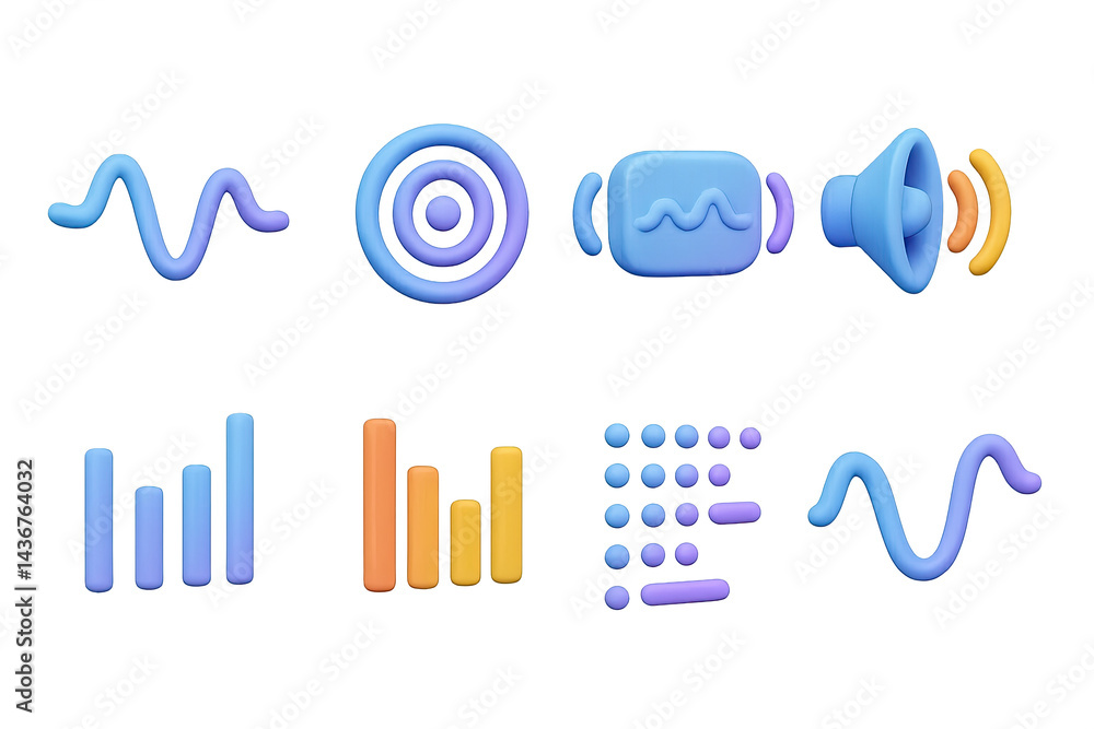 3d audio and music icons set – vibrant style sound, frequency, and playback symbols: wave pattern, target, speaker, waveform, bar graph, music notation, audio levels
