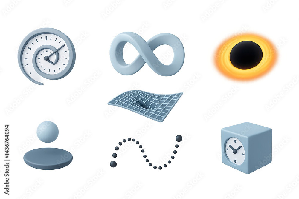 Futuristic science and physics 3d icon set – isometric style educational and technology symbols for research: clock, infinity, black hole, gravity, quantum grid, atom, time.