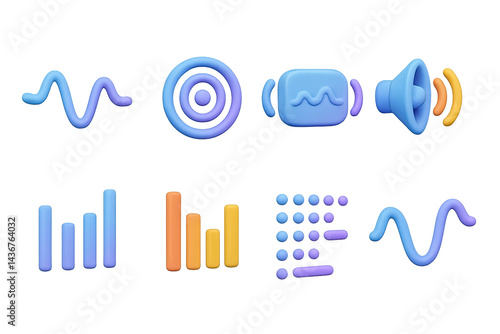 Obraz na płótnie 3d audio and music icons set – vibrant style sound, frequency, and playback symbols: wave pattern, target, speaker, waveform, bar graph, music notation, audio levels w salonie